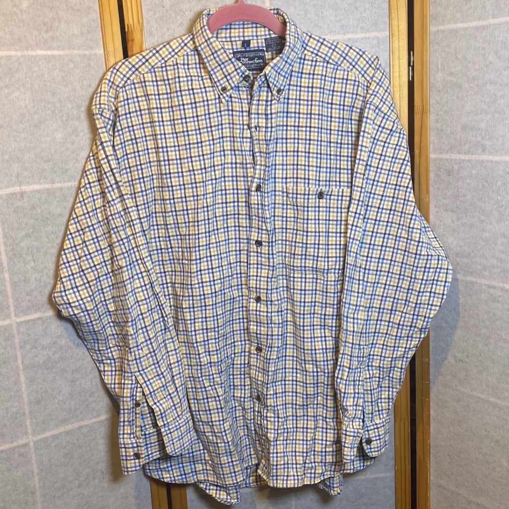 Pier Connection Mens Large Plaid Button Down Shirt‎ Blue Yellow White Cotton L/S